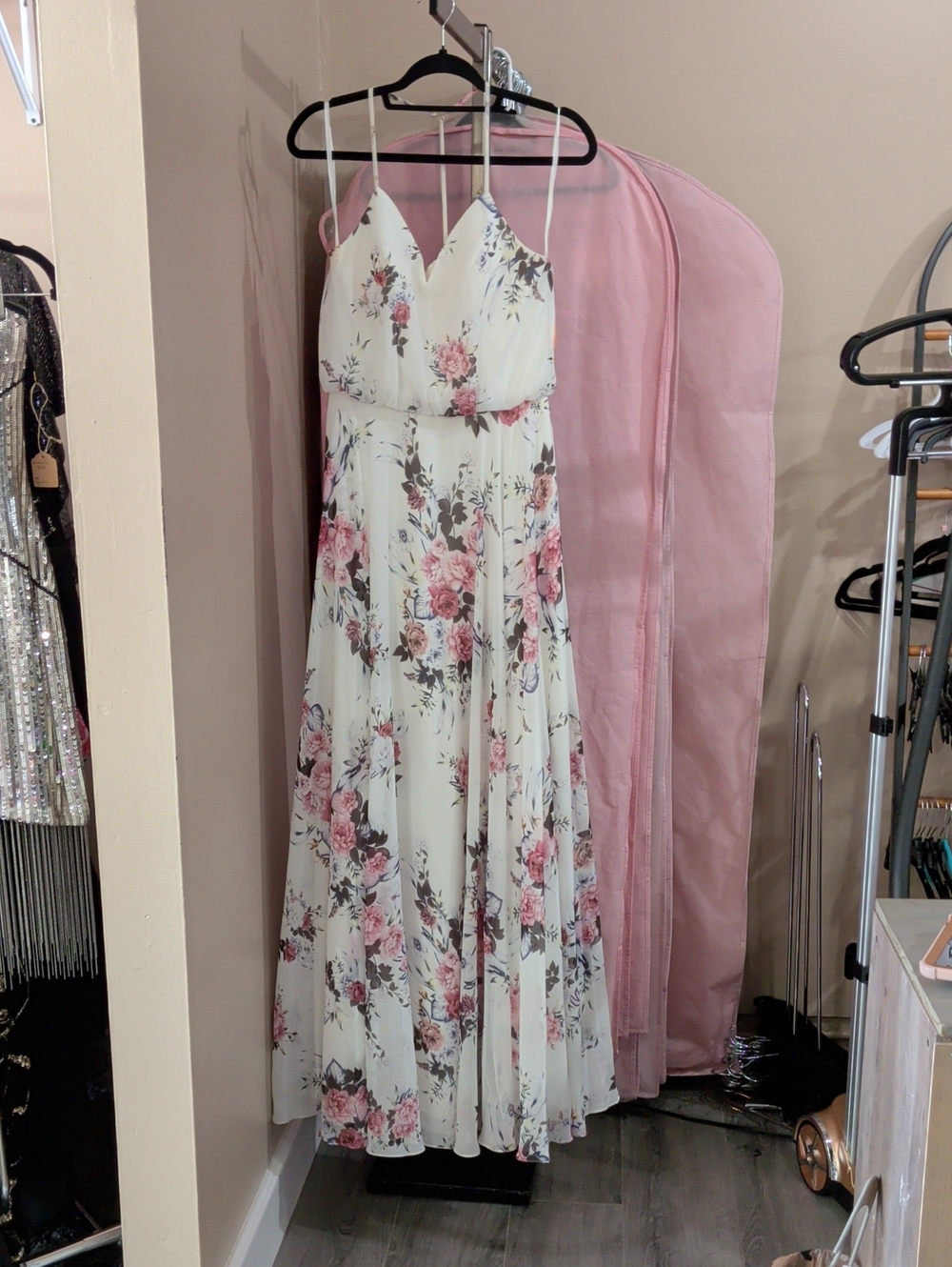 White Maxi Dress with Pink Floral Print — Spaghetti Strap